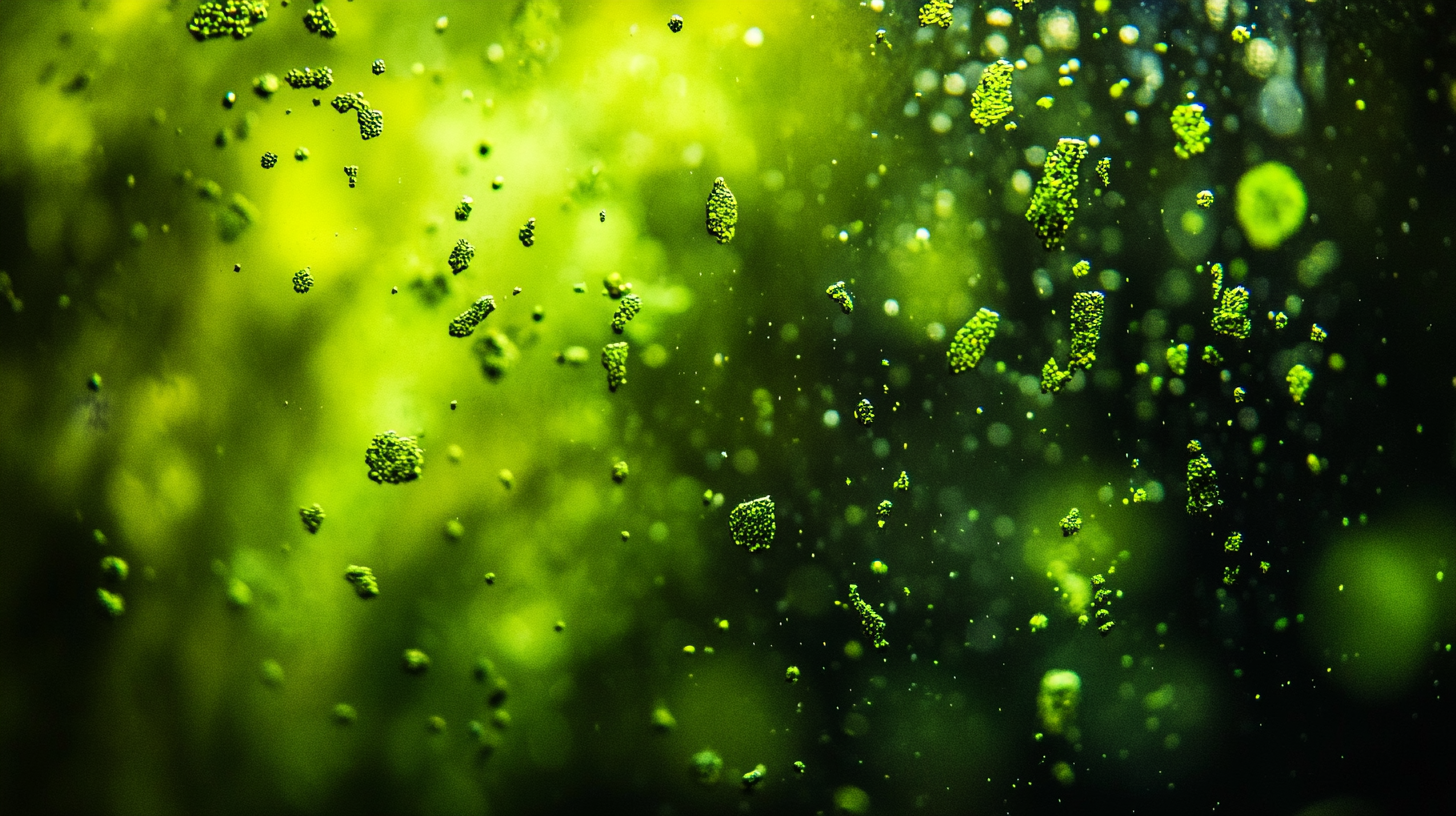Nahaufnahme: Grüne Punktalgen auf der Aquariumscheibe