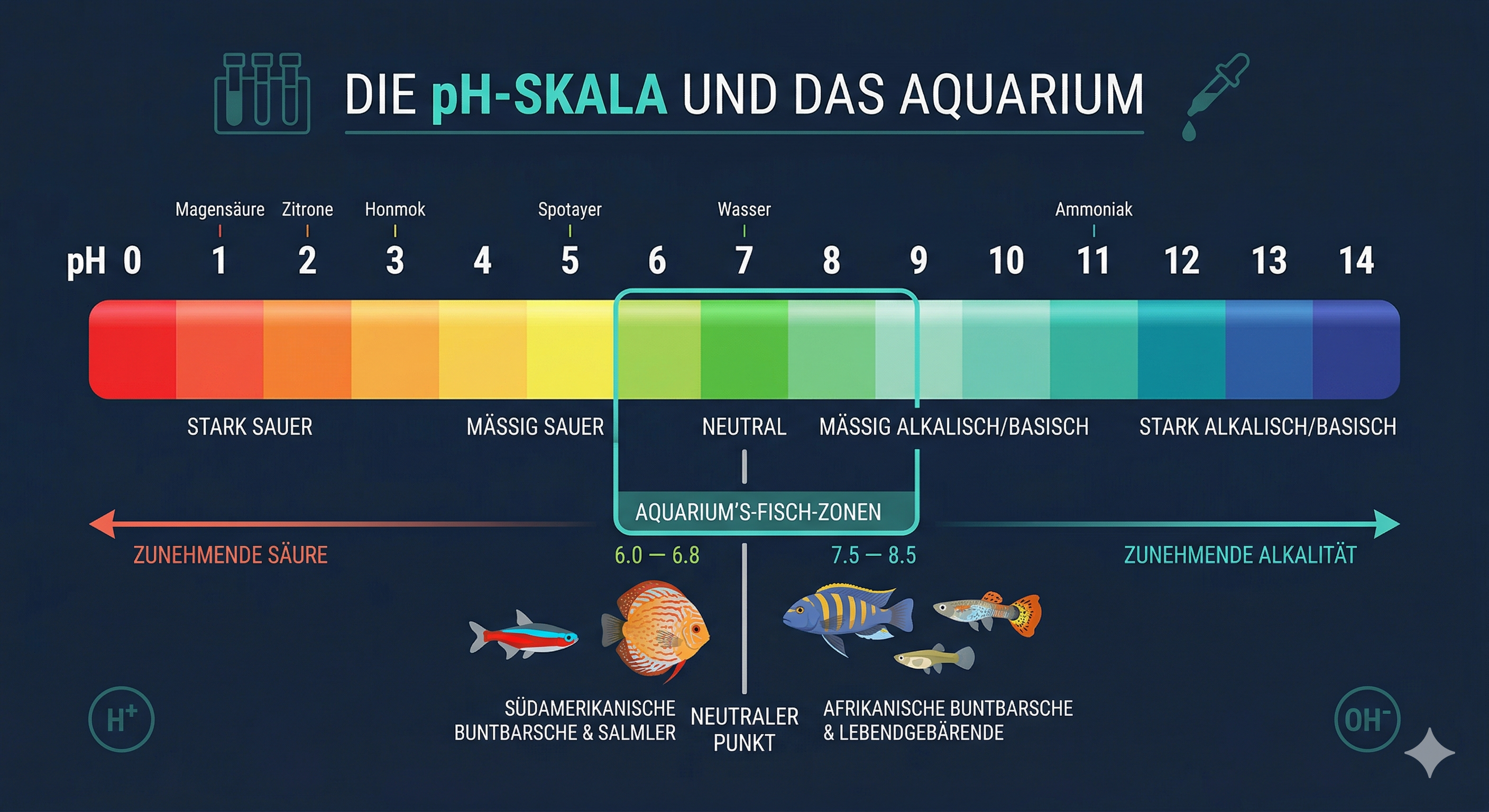pH-Skala und Zielwerte für verschiedene Aquarium-Typen